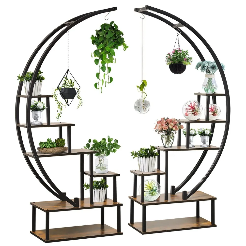 6 Tier Tall Metal Indoor Plant Stand, Half-Moon-Shaped Plant Shelf, Plants Decor Plant Stands for Home Decoration (round-oak)