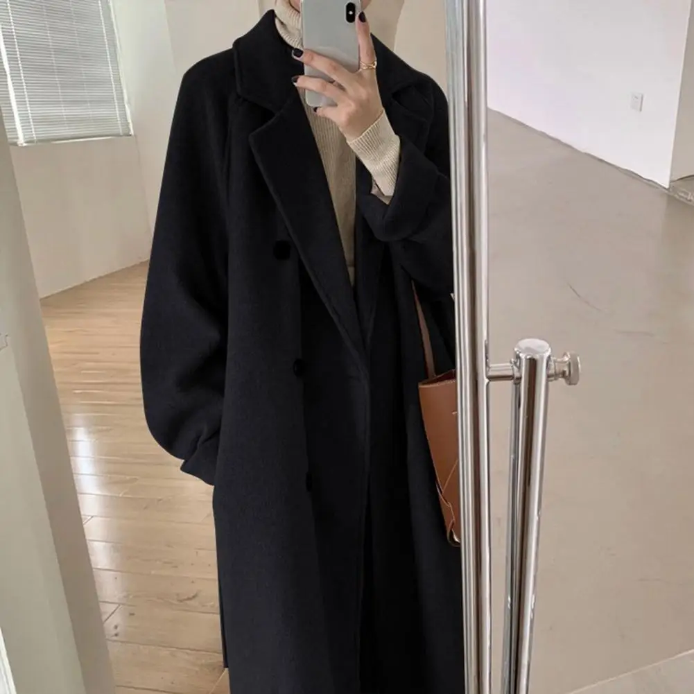 Elegant Woolen Trench Coat Winter Women Vintage Double-breasted Windbreakers Jacket Mid-Length Loose Turn-Down Collar Cardigan