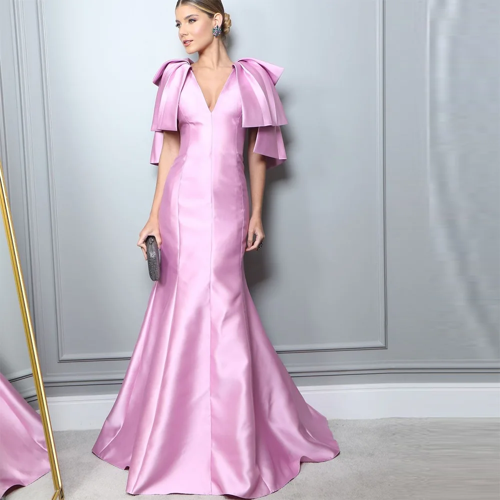 

Sevintage Pink Mermaid Prom Dresses V-Neck Cap Sleeves Pleat Ruched Saudi Arabic Evening Gowns Special Occasion Gown