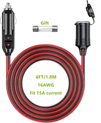 Car Splitter Charger Cable Socket Plug Auto Accessories 12V 24V 15A/20A Car Cigarette Lighter Extension Cord 8M 14AWG/16AWG
