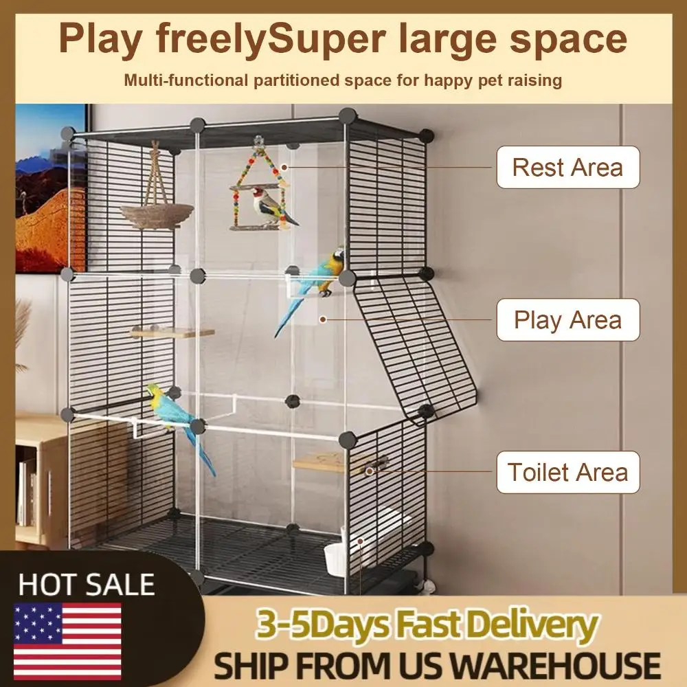 

Bird Cage Universal Wheel Metal Parrot Cage with Stand Tray Swing Ladder (Black)