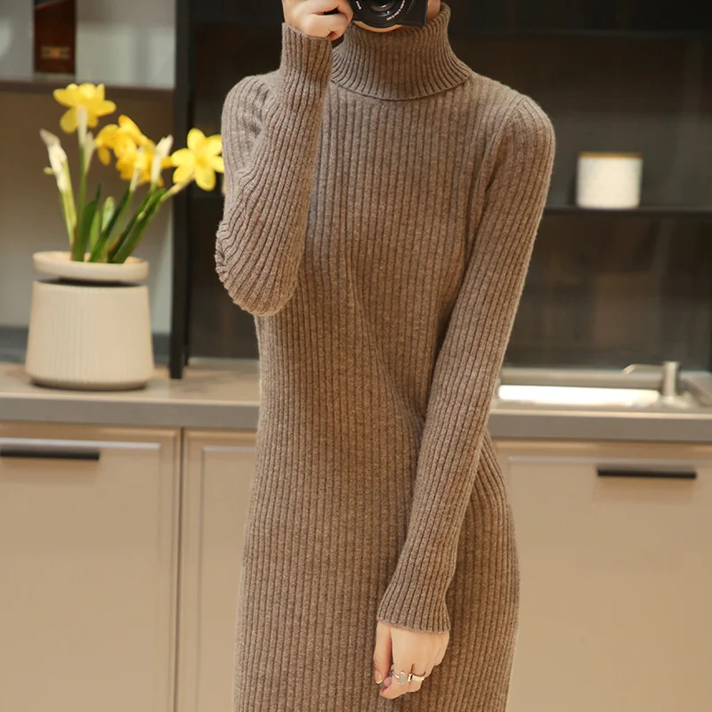 2022 New 100% Pure Wool Sweater Dress For Women Knee-length Solid Turtleneck Pullover High Elastic Straight Cozy Slim Dresses