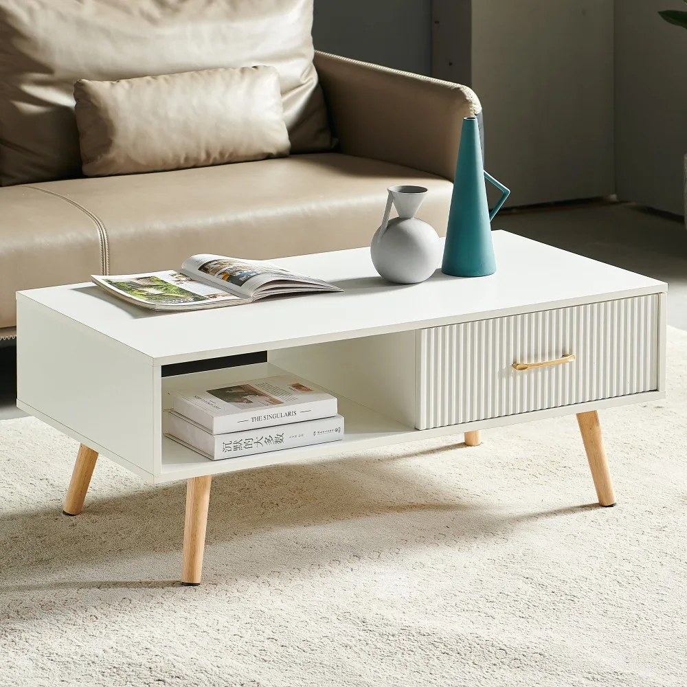 

Rectangle Coffee Table with Solid Wood Legs, Sliding Drawer for Storage, Modern Table for Living Room , White