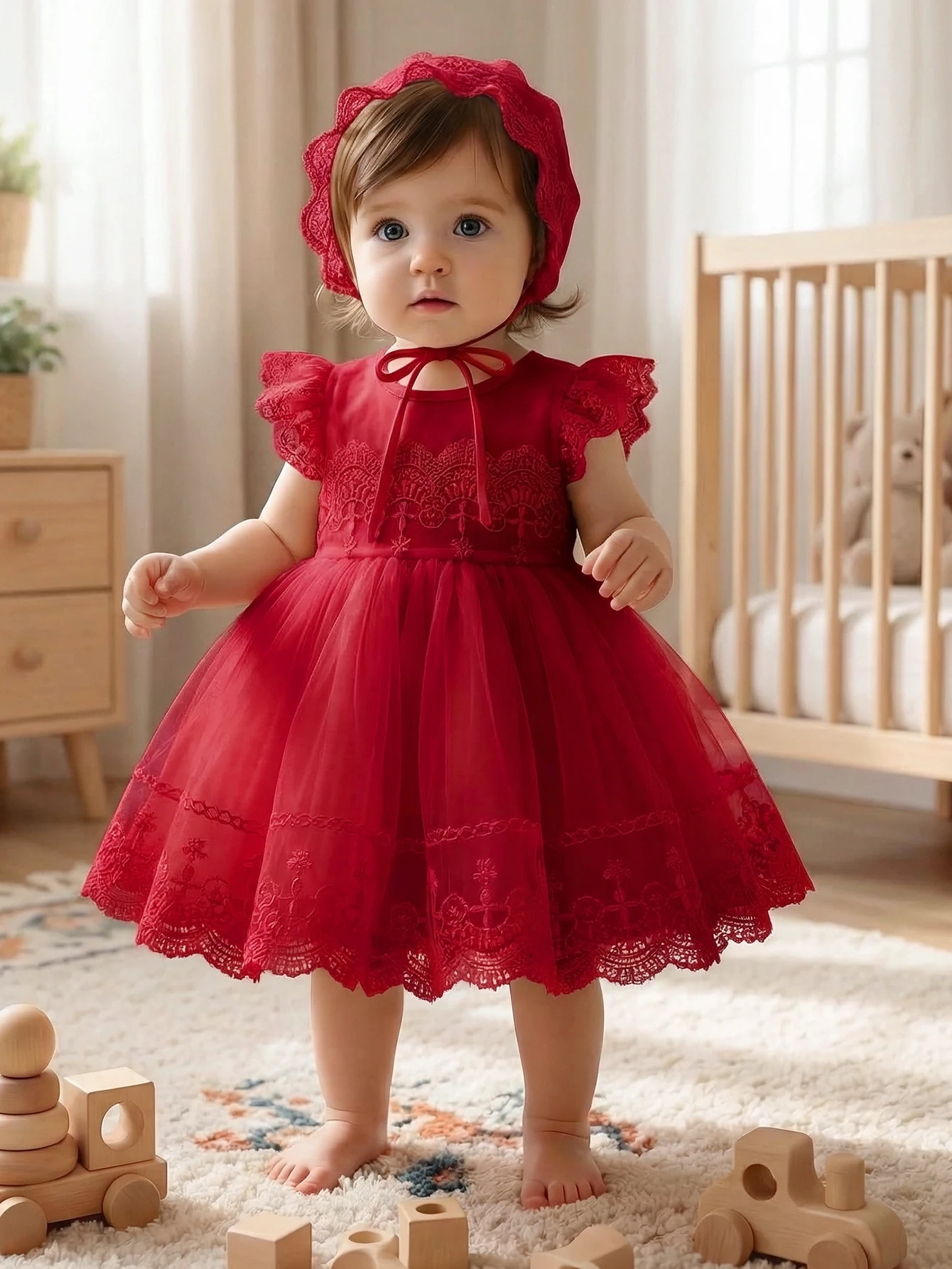 Baby Girl 0-2 Years Old Baby Wine Red Baptism Dress,Lace Net Skirt,Princess Dress,Wedding Flower Girl Dress,Birthday,With Hat