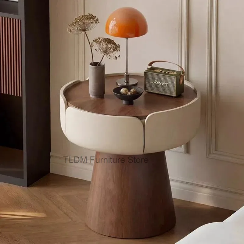 Modern Flower Shaped Bedside Table，Solid Wood Cone Base Leather Wrapped Storage Nightstand Bedroom Side End Table