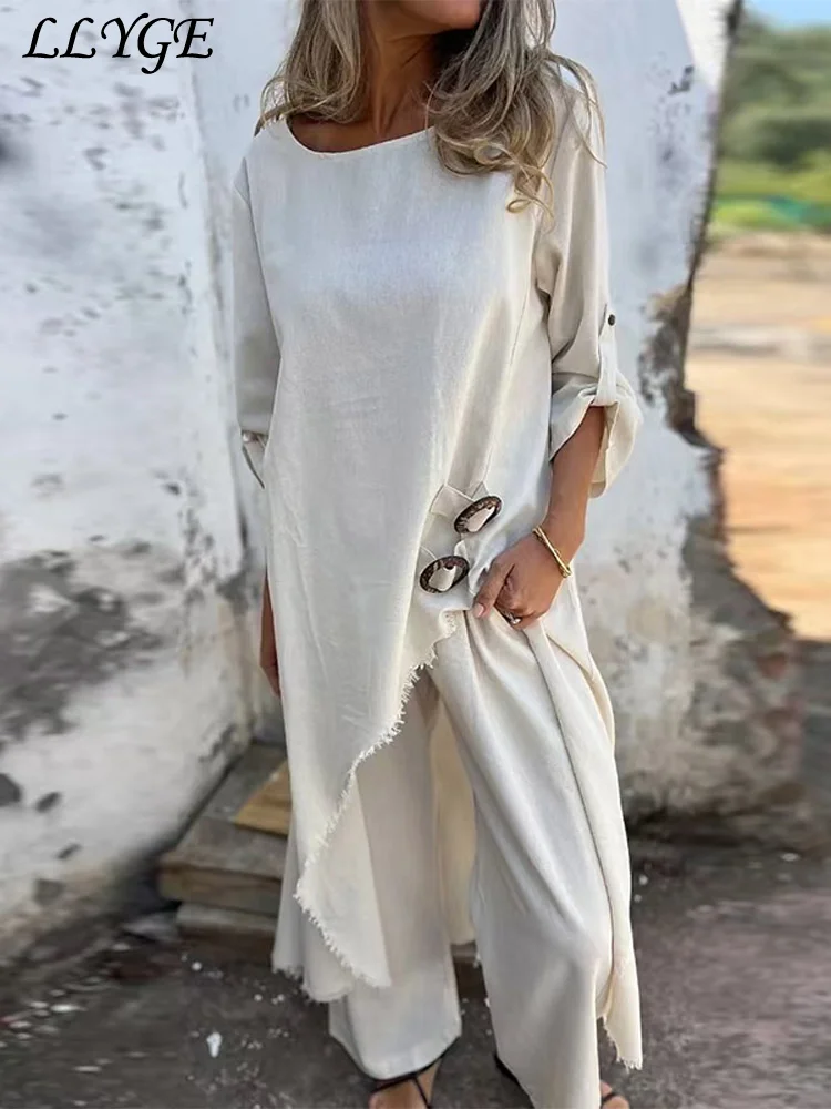 Loose Solid Pants Sets 2 Pieces For Women Irregular Half Sleeve Shirt High Waist Wide Leg Trouser 2025 Spring Lady Casual Outfit