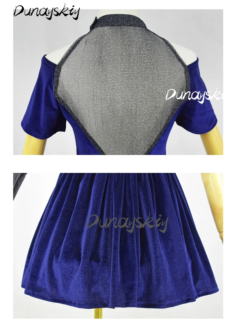 Costume cosplay Mizi Gonna di velluto blu scuro con parrucca Vestito Anime Alien Abiti da palcoscenico Capelli lunghi rosa per Natale personalizzato