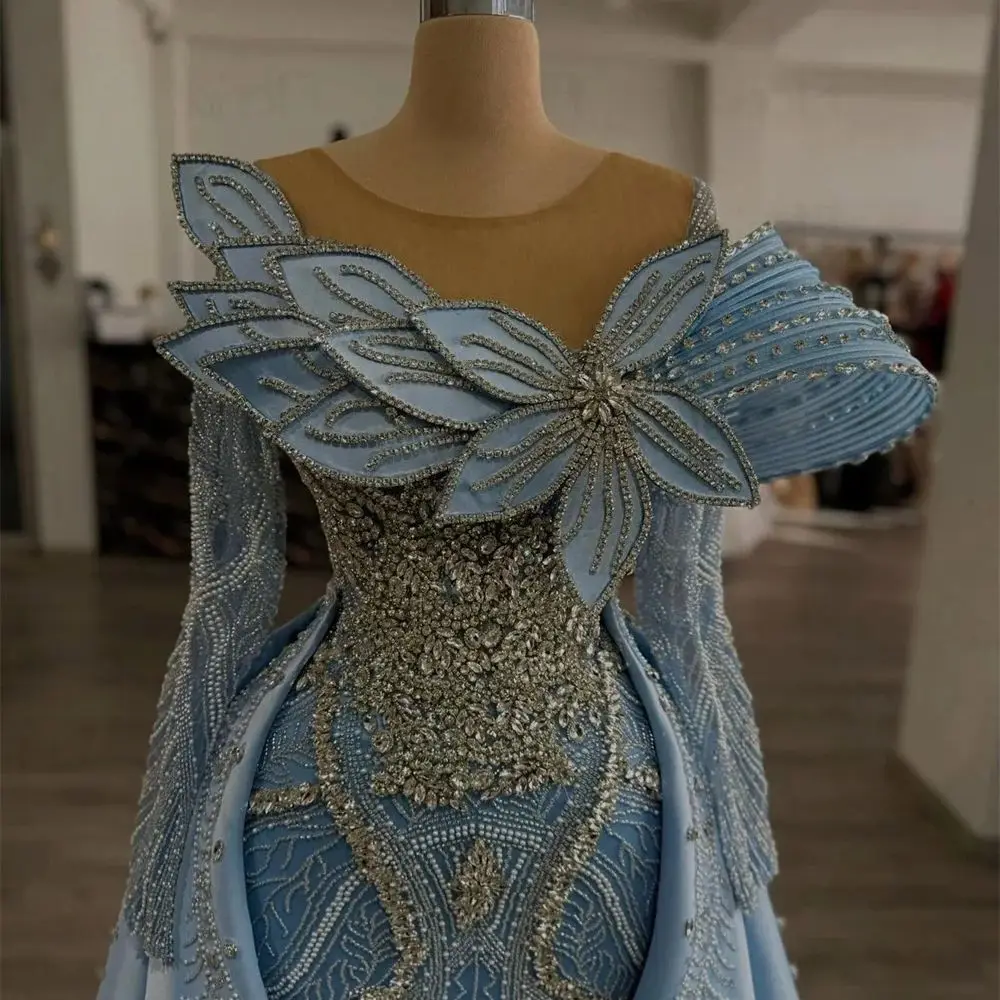

Blue Two Designs Wedding Party Dresses Luxury 2025 Prom Dresses With Satin Overskirt Plus Size Customized For Women Gala Gowns