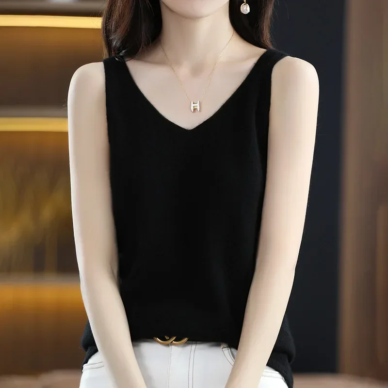 Spring Summer Women Sweater Vest Slim Fit V-neck Sleeveless Knitwears Tops Korean Fashion Innerwear Bottoming Shirt Knit Vests