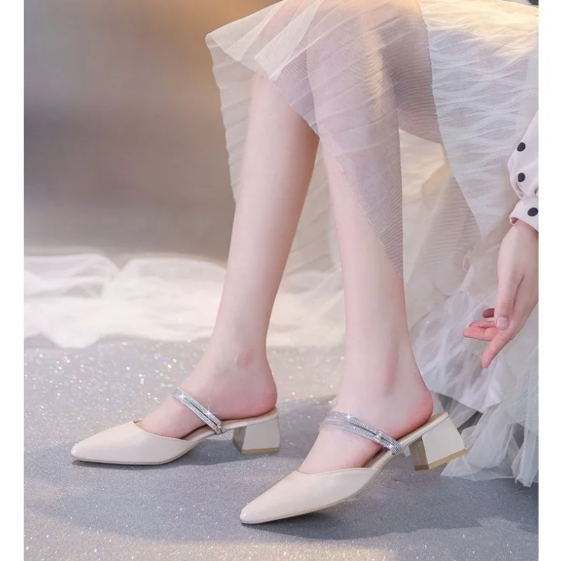 new Korean version fashion rhinestone toe slippers thick-heeled pointed women's summer Hong Kong style two-wear sandals