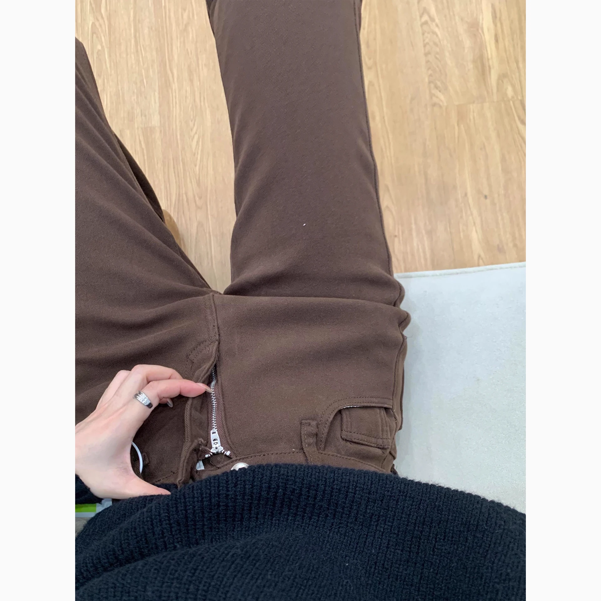 Thiened Fce doublé Vintage marron taille haute cloche Bot jean femmes coupe ajustée Dra longueur de plancher sabot jean hiver