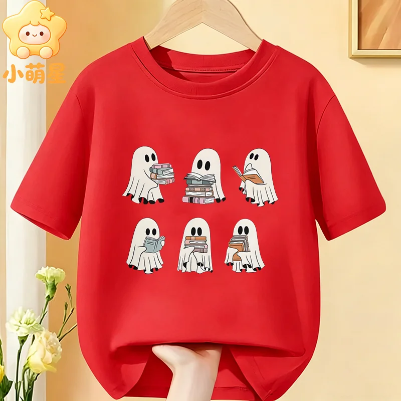 Reading Book Ghosts Graphic Kids Halloween T‑Shirt Cute Boo Holding Books Print Tops Cotton Short‑sleeve Boys Girls Daily Tees