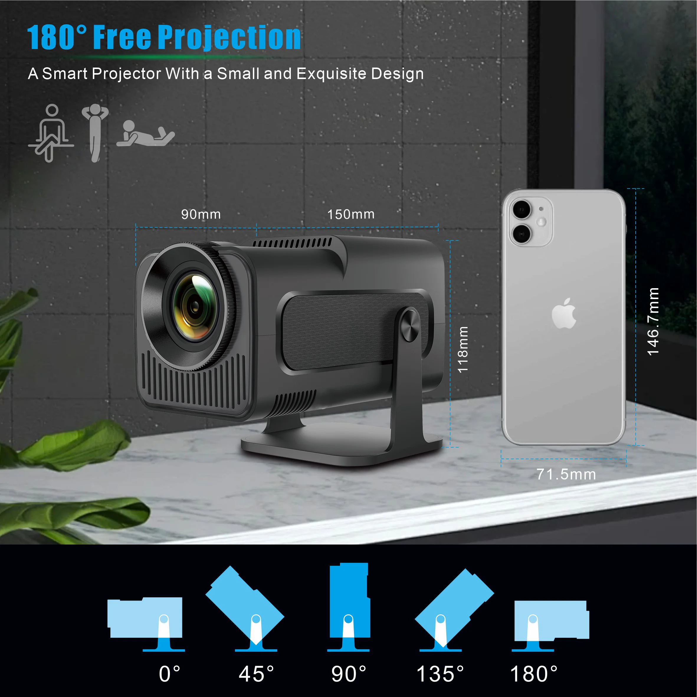 HY320mini, 300ANSl lumen Android version 11, WiFi6 high-definition native 1080P supportfor 4K decoded video playback, large scre