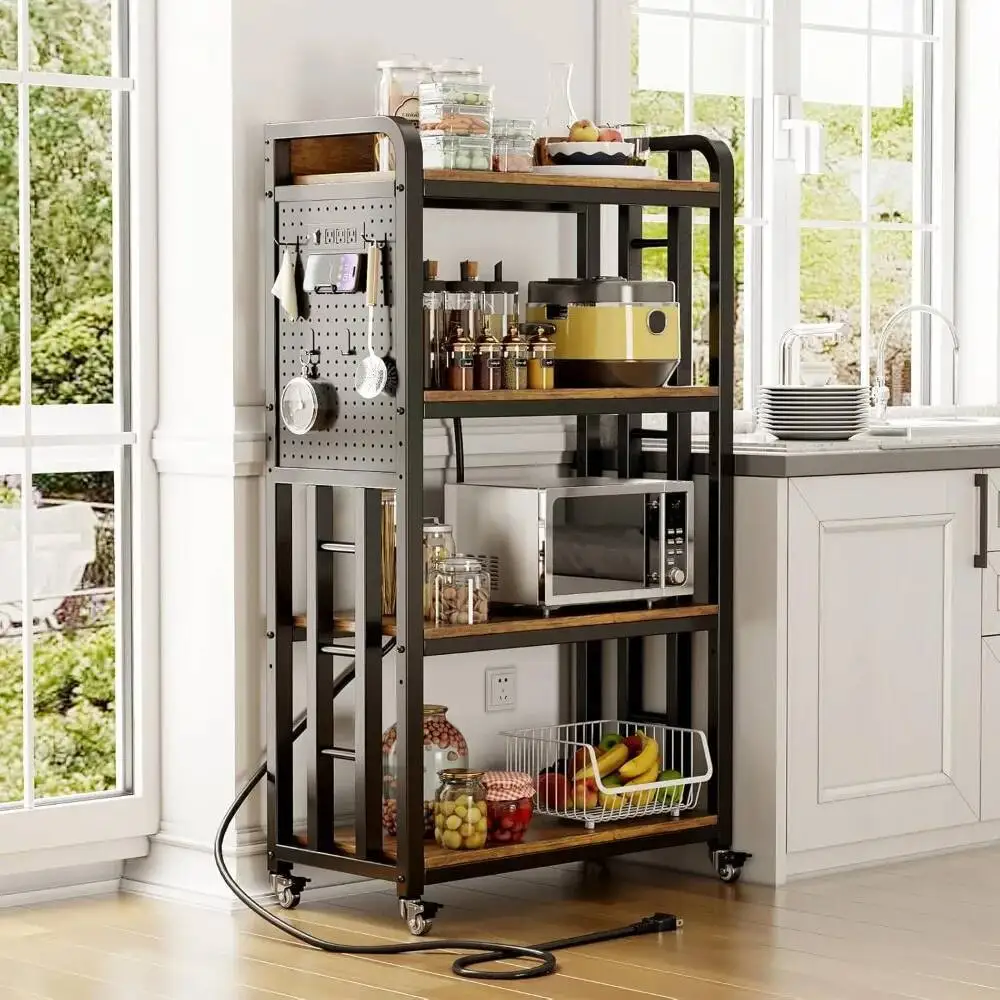

Kitchen Rack Power Outlet, Pegboard Bakers Racks, Oven With 4-Tier Storage, Microwave Stand