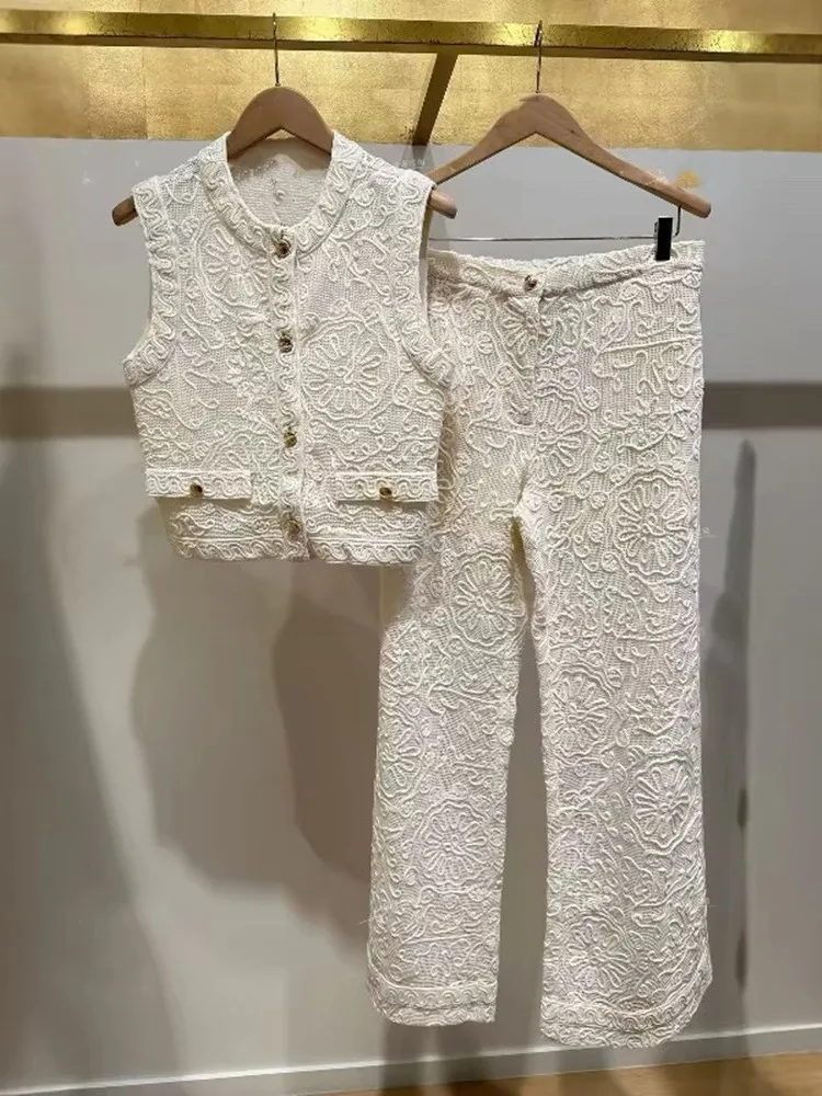High-End Version European Style White Heavyweight Hook Flower Sleeveless round Neck Knitted Open Cardigan Vest Long Pants Set