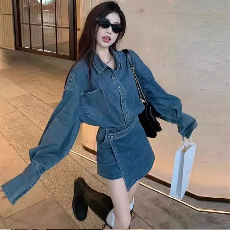 سلسلة الملح أوائل الخريف المرأة الجينز معطف قطعتين مجموعة القطن الدنيم الركبة طول تنورة خمر هونغ كونغ نمط ضوء Maturity #1