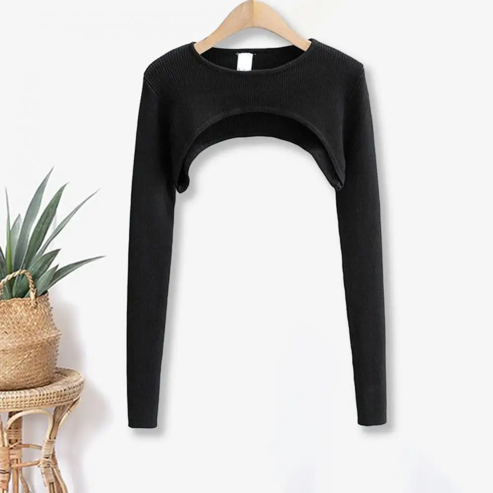 

Soft Women Top Stylish Women's Long Sleeve Crop Top with Matching Cover-up Soft Knitted T-shirt Solid Color Round Neck