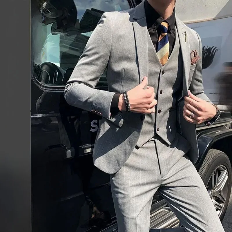 

Мужской костюм Slim Fit: Формальный смокинг для свадьбы, деловой повседневный костюм для жениха и шафера, в полоску, не требует глажки, городской стиль