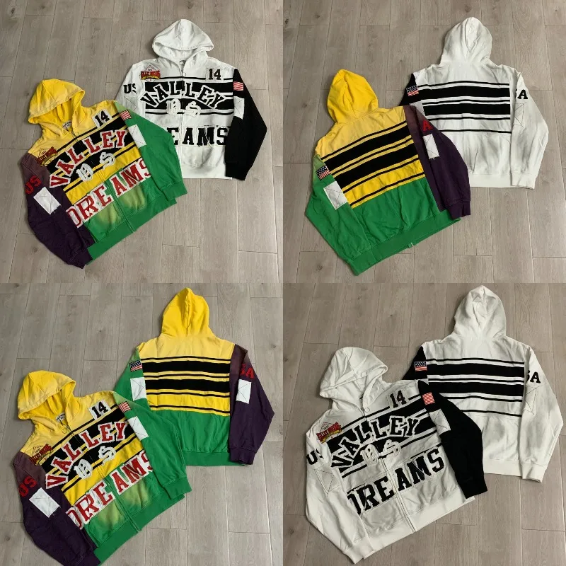2026 Streetwear Men's VALE Hoodies Jacket High Quality Spliced Embroidered Pattern Hooded Sweatshirts Retro Hip Hop Pullovers