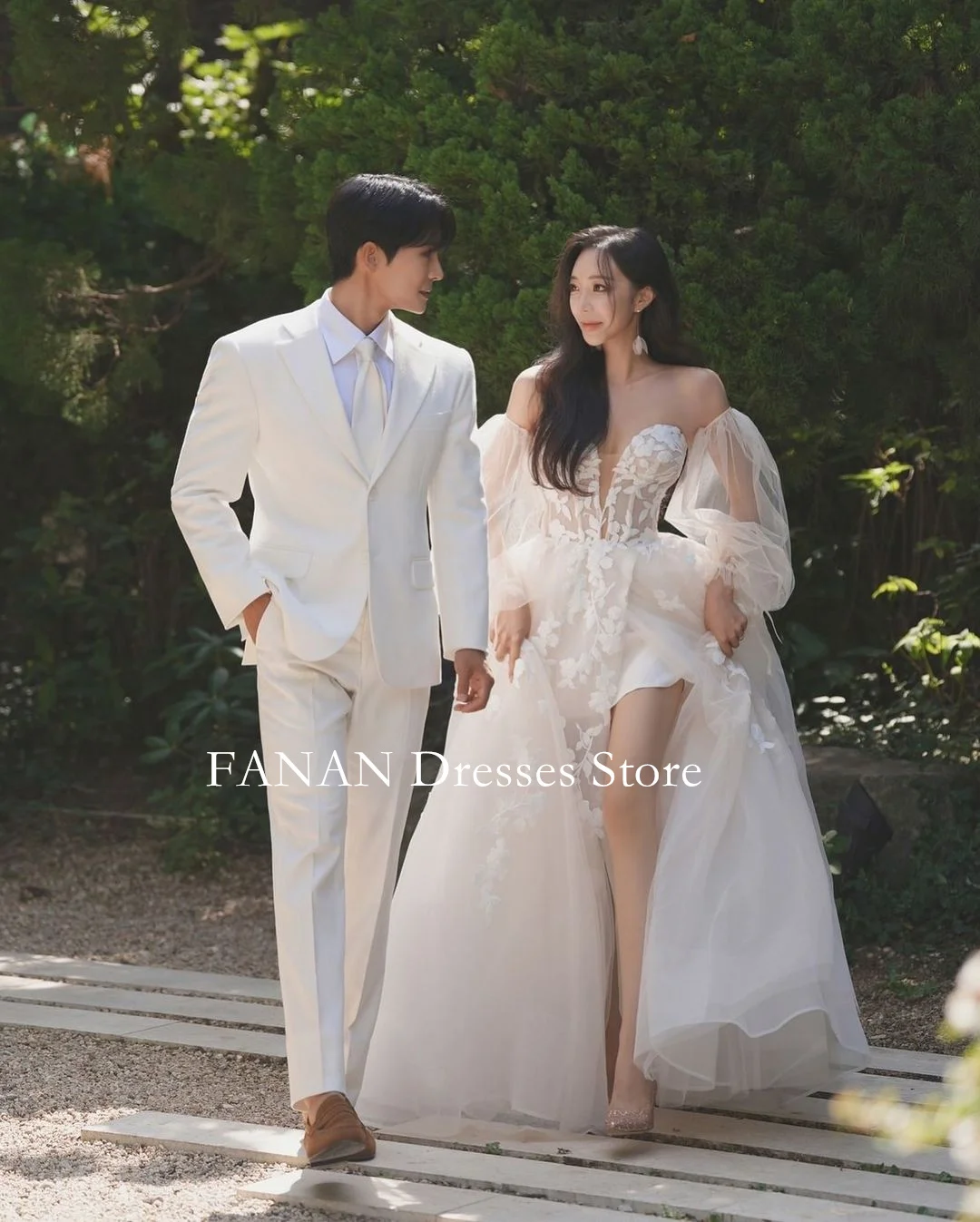 Fanan Korea Sweetheart Wedding Dresses  웨딩드레스  Tulle Appliques Puff Sleeves  Custom Made Ruched Photoshoot Bride Gowns Plus Size