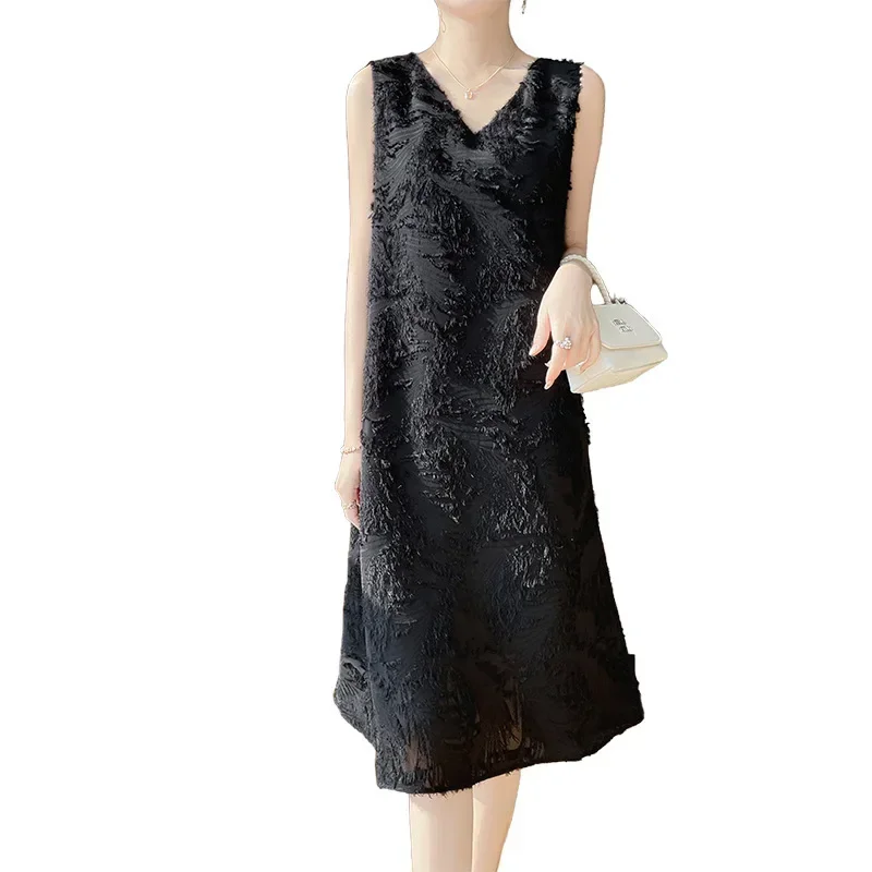 실크 새틴 V넥 롱 미디 스커트 슬리브리스 플로럴 컷아웃 여성 드레스 헤비 자수 무릎 길이 중국 패션