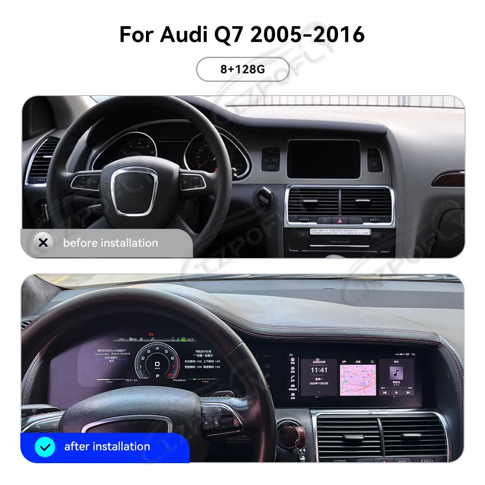 Lizpofly 12.3+10.25 Dual Screen Android GPS For Audi Q7 2005-2016 Car Dashboard LCD Digital Instrument CarPlay Multimedia