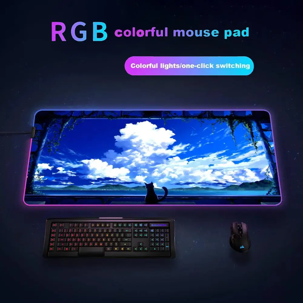 

Moonlit Solitude Cat RGB Gaming Mouse Pad Desk Mat HD Gamer Accessories Large LED Light Mousepad PC Computer Carpet with Backlit