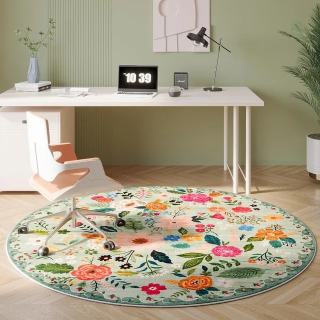 Round Living Room Carpet Color Floral Print Decoration 1