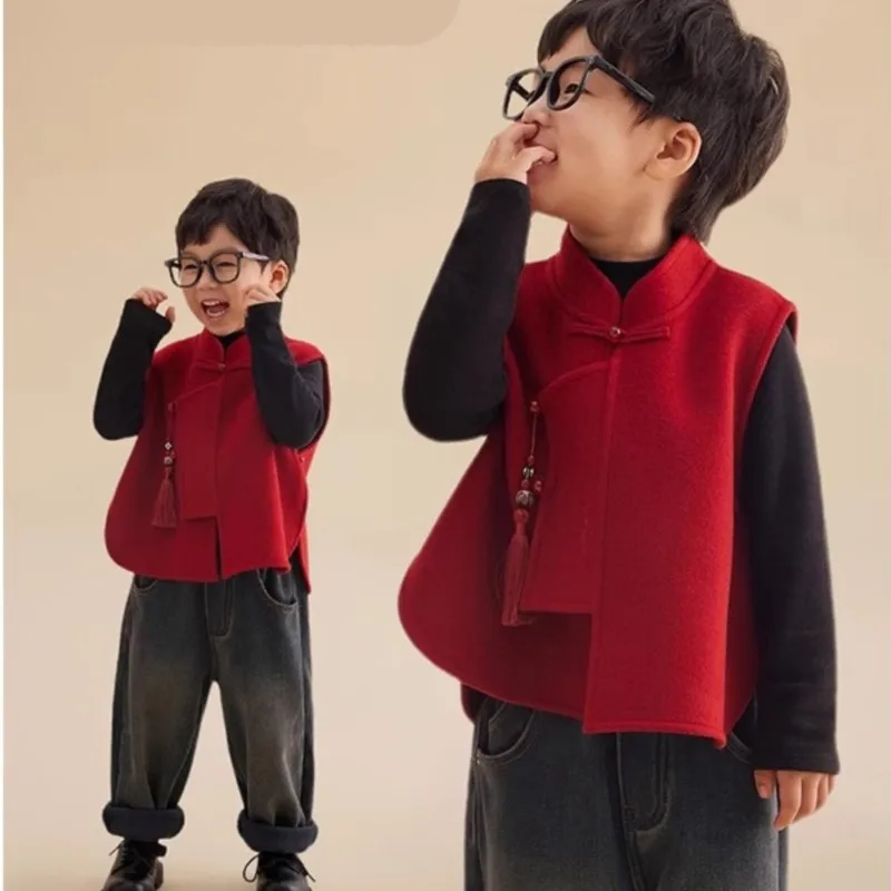 

2026 Новое красное платье-жилет для девочек, детский новый улучшенный жилет в китайском стиле Тан, детский однотонный жилет без рукавов TopLI869