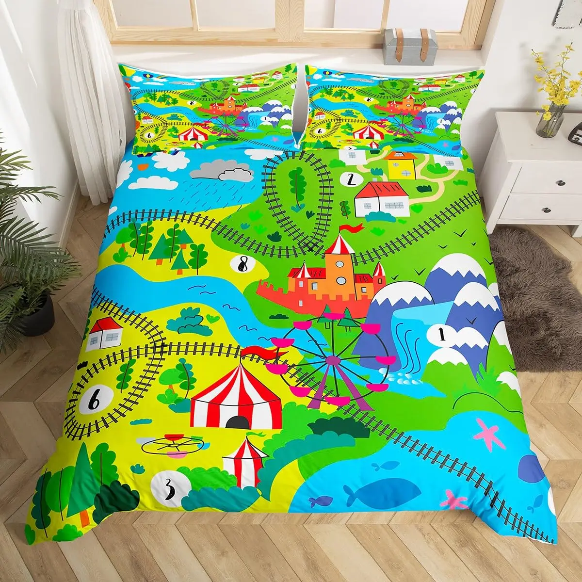 

Watercolor Amusement Park Duvet Cover Set Kids Painting Map Print Bedding Set Rustic Mountain and Lake Scenery Comforter Cover