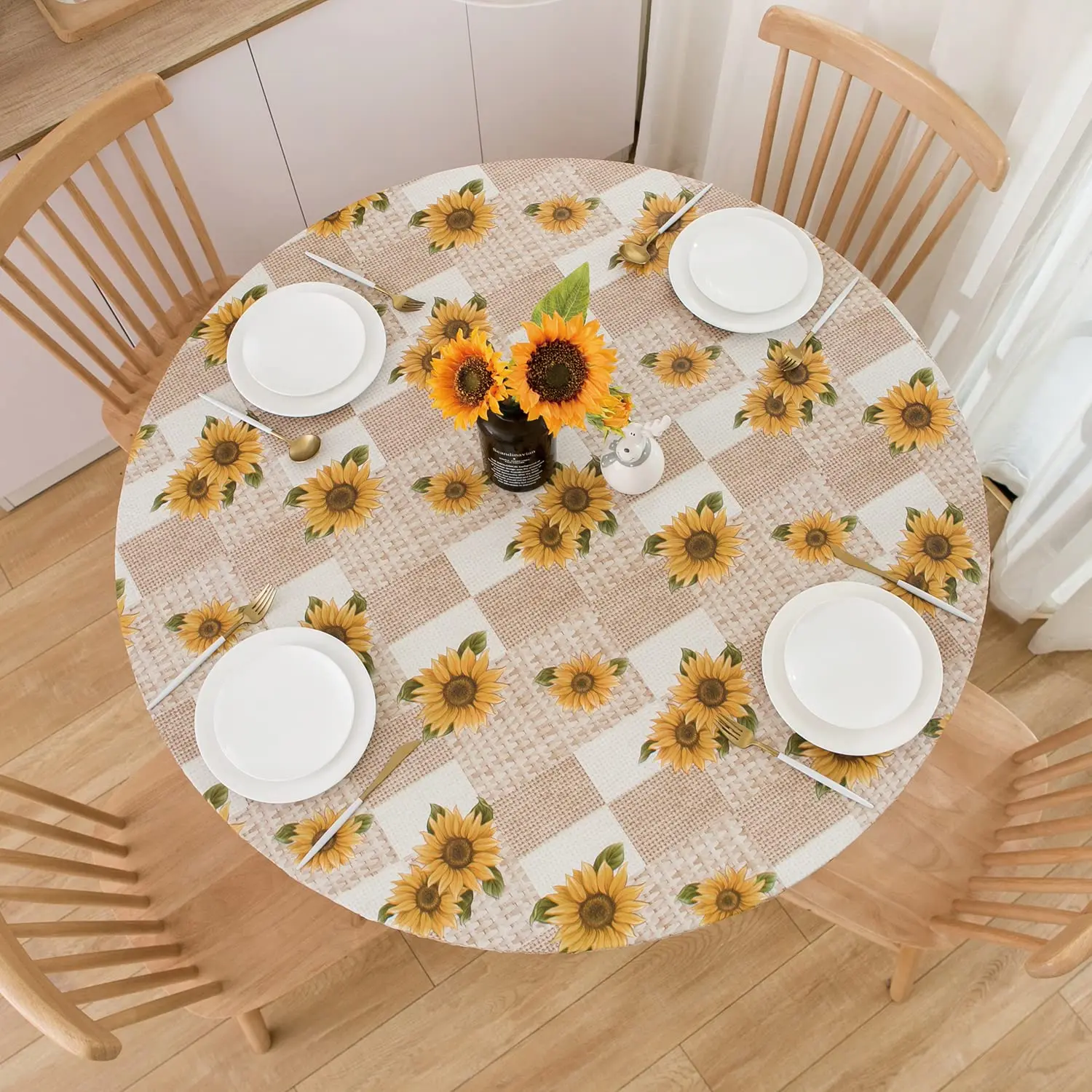 

Sunflower Round Fitted Vinyl Tablecloth with Elastic Edge 100% Waterproof Oil Proof PVC Table Cloth Wipe Clean Table Cover