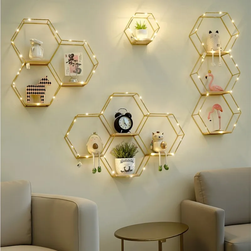 Creative golden geometric wall mounted shelf with light, iron art background walls, circular hexagonal decorative shelf