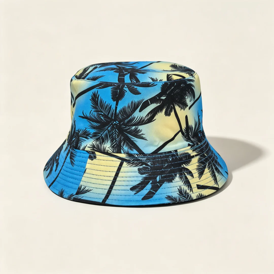 Hawaii tropical print bucket hat, suitable for both men and women, featuring palm trees, turtle-back bamboo leaves, and island l