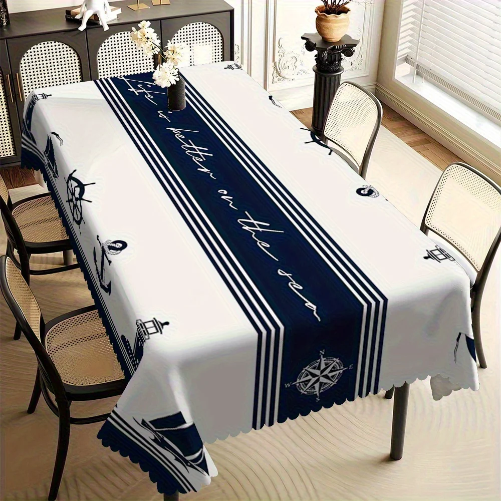 Nautical theme - Ocean anchor, sailing boat and lookout tower pattern tablecloth, durable polyester tablecloth.