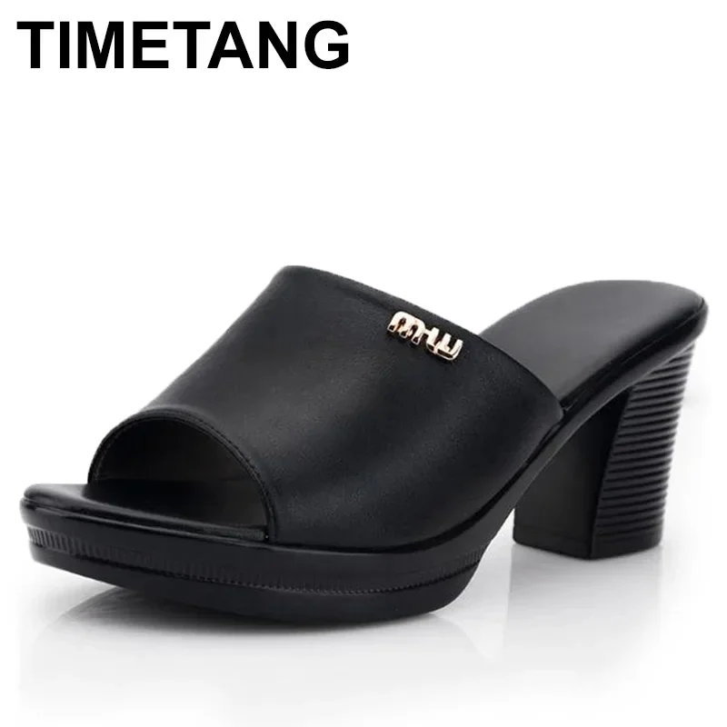 Women Sexy High Heel Clogs Summer Peep Toe Platform Mules Ladies Genuine Leather Slippers Female Slip On Sandals Shoes