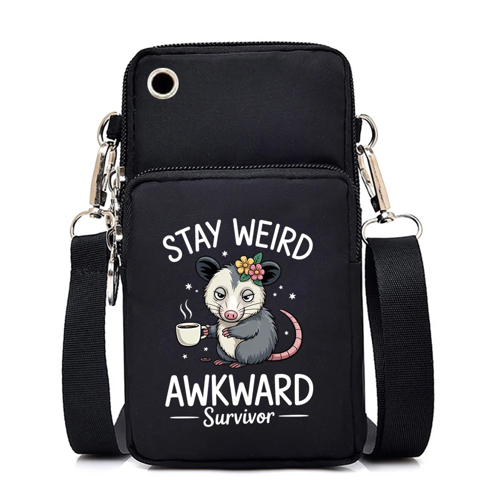 

"Stay Weird Awkward Survivor" Opossum Crossbody Bag Fun Humor Animal Meme Mobile Phone Bag for Women Men Fashion Tote Bags