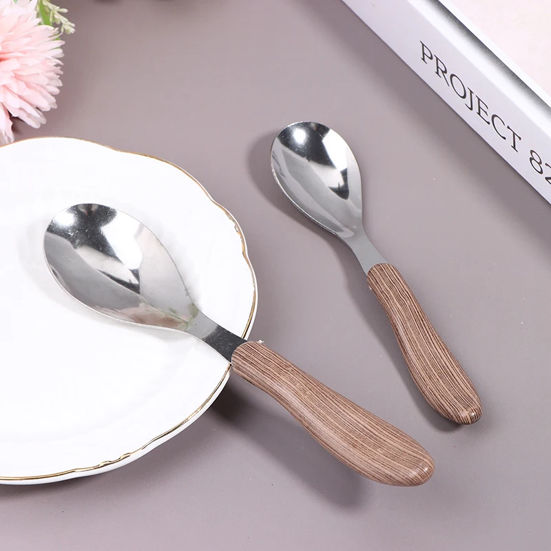 1 قطعة الفولاذ المقاوم للصدأ تقليد مقبض خشبي أدوات المائدة الغربية أدوات المائدة الحلوى ملعقة شوربة مطعم غربي بار أدوات المائدة #5