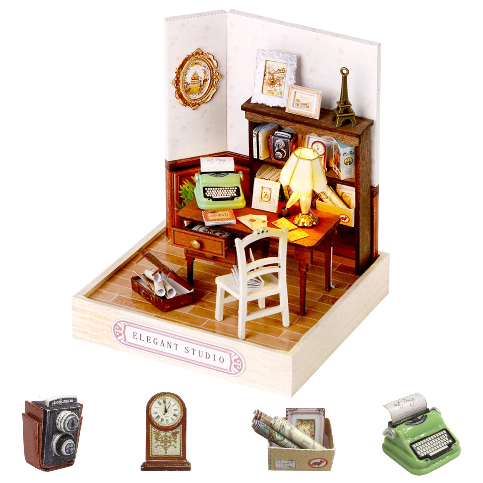 CUTEROOM DIY Doll Room Miniature Furniture Wooden Dolls House Kit with Dust Cover and LED Light Elegant Studio For Birthday Gift