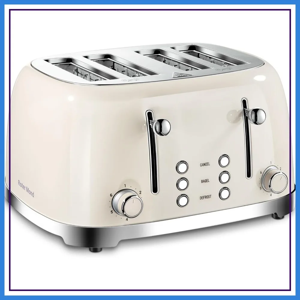 

4 Slice Toaster, Extra Wide Slots, 6 Browning Settings, Bagel Defrost Cancel Function, Stainless Steel, Cream