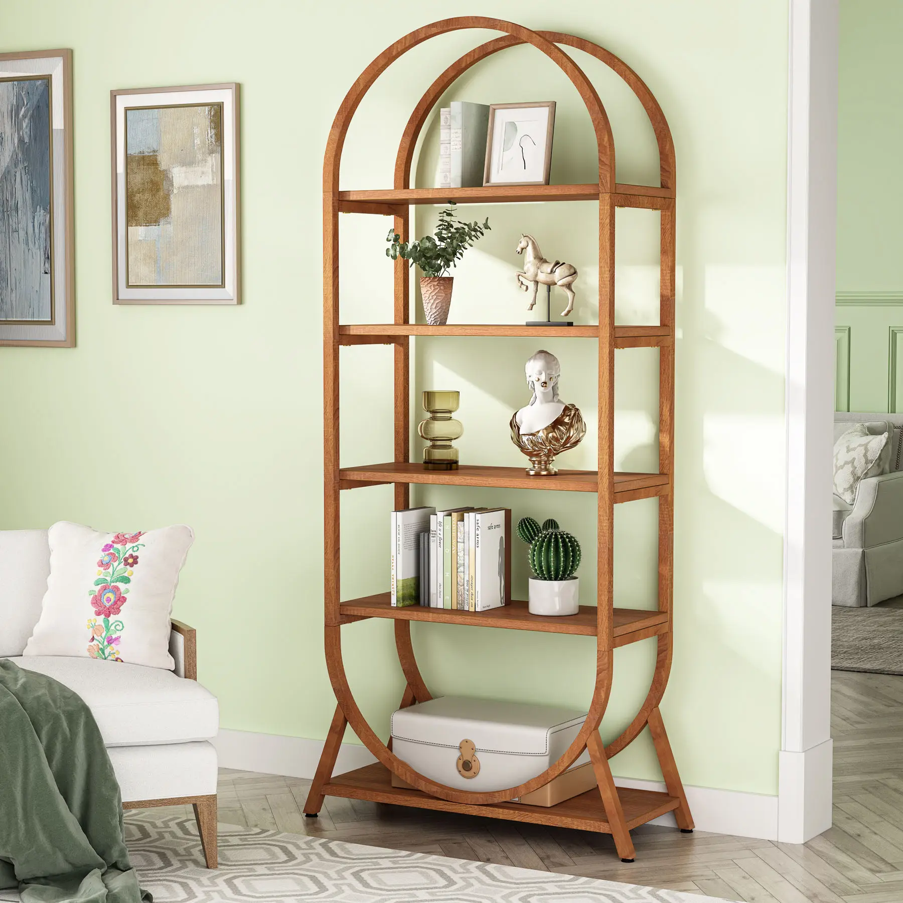 Home Decor 5-Layer Brown Metal Open Storage Arched Modern Contemporary Eco-Friendly Bookshelf Bookcase Standing Living Bedroom
