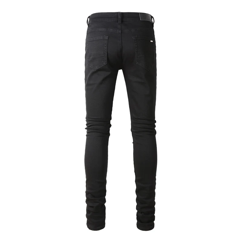 Y2KFashionable new black jeans with perforated patches washed nostalgic stretch slim fit jeans high street hip-hop brand pants