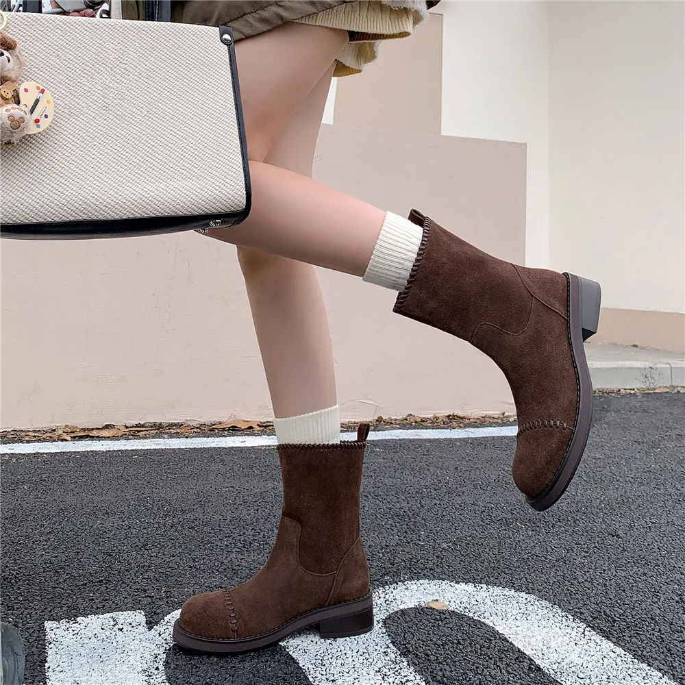 MILI-MIYA Women's New Arrival Cow Suede Ankle Boots Comfortable Round-Toe Non-Slip Chunky Heel Solid Color Slip-On Handmade