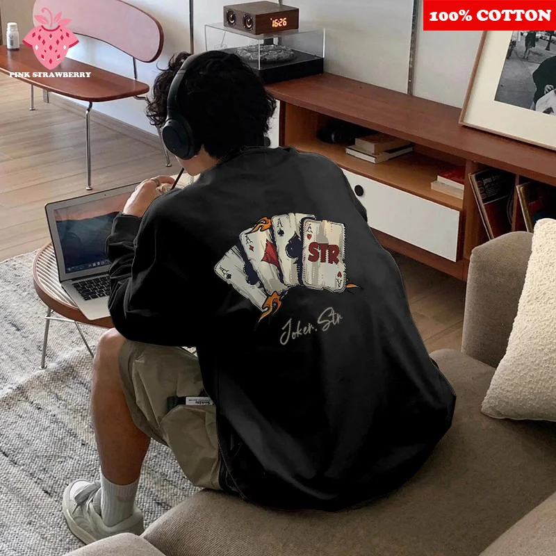 

Retro Poker Print Black T-shirt Men Autumn 2025 New 100% Cotton Long sleeves Loose Casual Gym Sport T-shirt Y2k Top man clothing