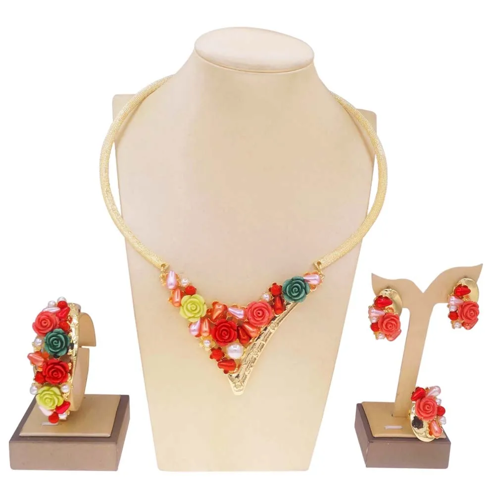 

Yulaili Kralen Women Italian Jewelry Sets Colorful Flower Beads Design Alloy with Gold Plated Party Necklace Earrings H00707