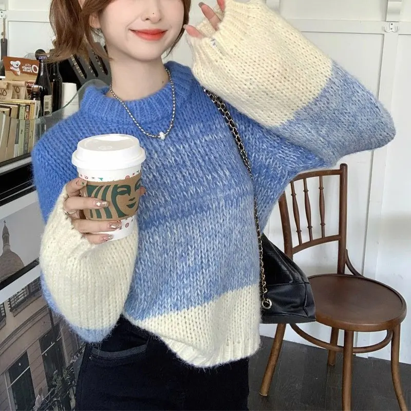 Female Clothing Color Gradient Knitted Jumpers Autumn Winter Casual Round Neck Basic Long Sleeve Vintage Casual Loose Sweaters