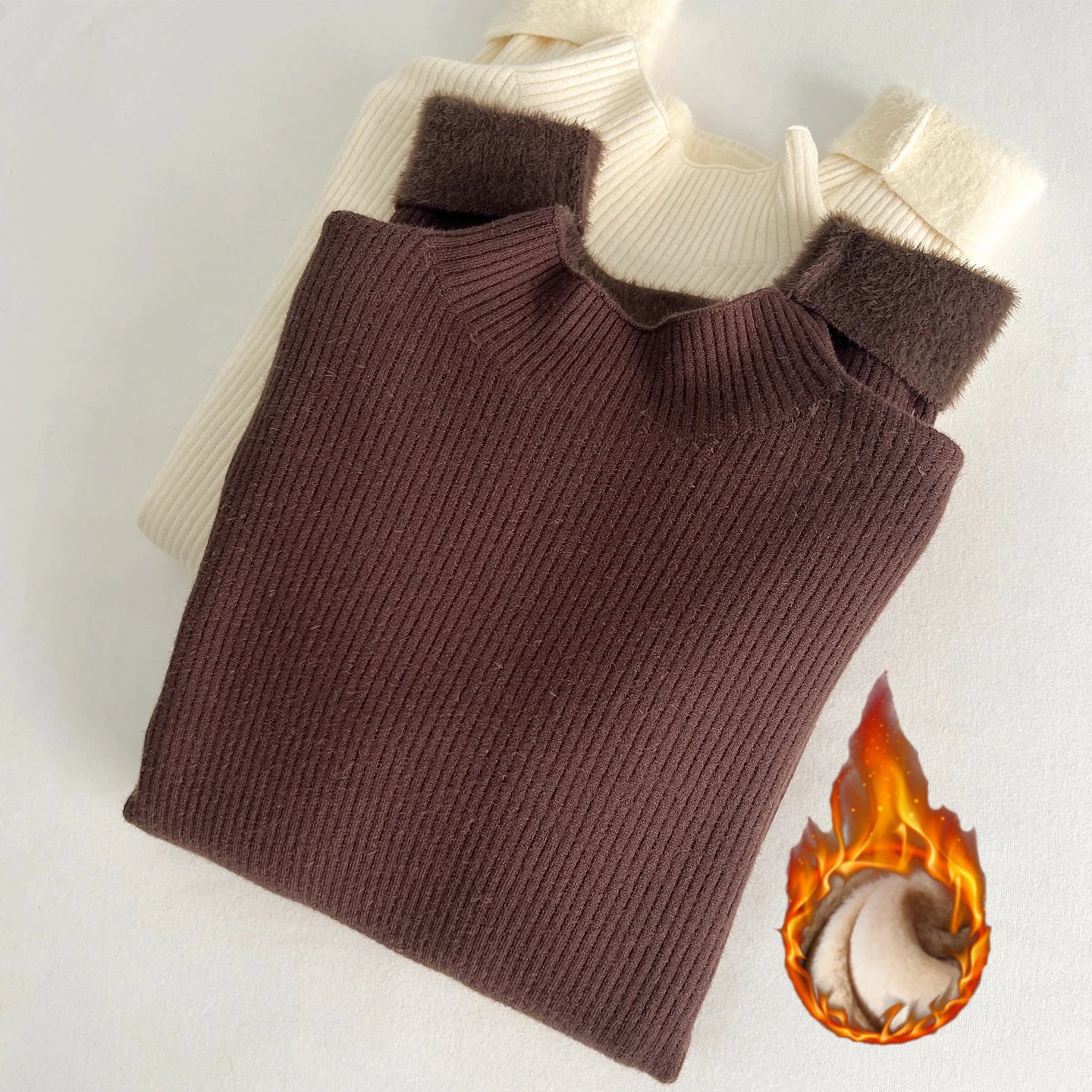 Pull polaire intégré Chic à col montant, tricot chaud et épais, manches longues, automne-hiver, Style coréen, couche de Base Simple, haut