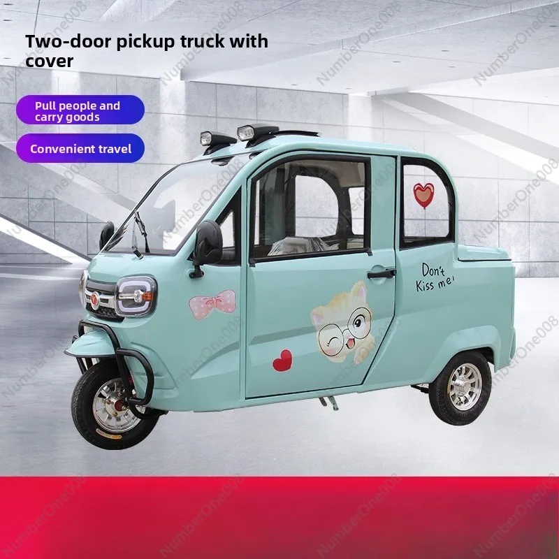 Enclosed Electric Pickup-Style Trike, All-Terrain Family Cargo Scooter for Adults Seniors, Canopy Roof