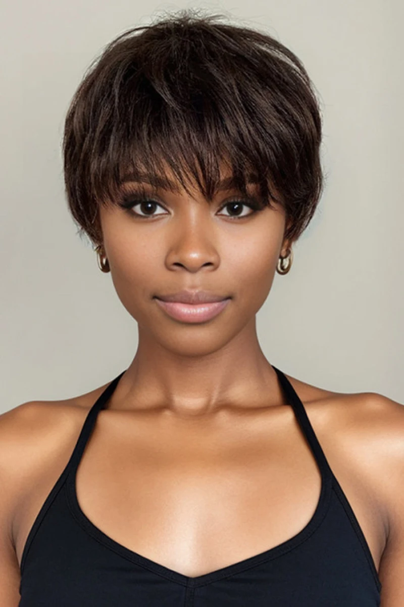 Short Pixie Hairstyle 6 Inches Silky Straight Natural Black Remy Human Hair Lace Front Wigs