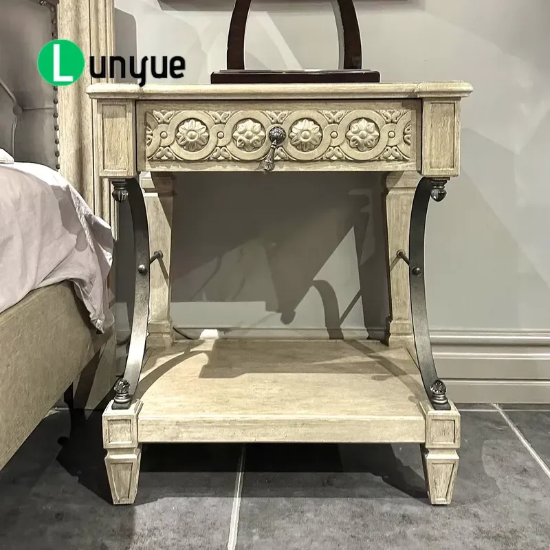 Luxury Solid Wood Bedside Table French Country American Farmhouse Style Modern Home Bedroom Furniture Nightstand Storage