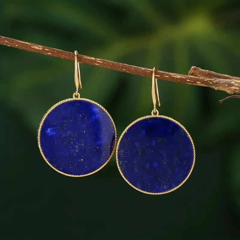 Lapis Lazuli Dangle Earrings - Large, Natural, Vintage Round, Bohemian Style, Ethnic Fashion Jewelry for Women - Perfect for Par